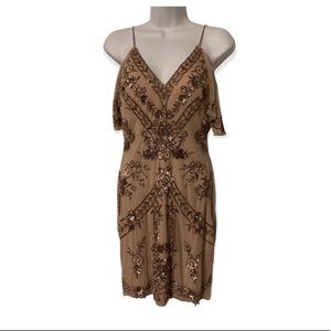 Aidan mattox sequin rose gold cold shoulder dress